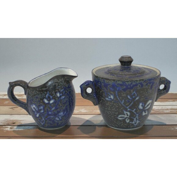 Other - Vintage Blue Gray Studio Pottery Creamer Sugar Bowl Set Floral Glaze Signed